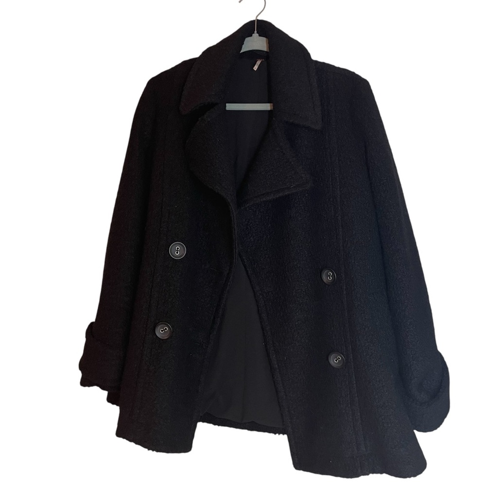 Free People Classic Black Double-Breasted Pea Coat EUC